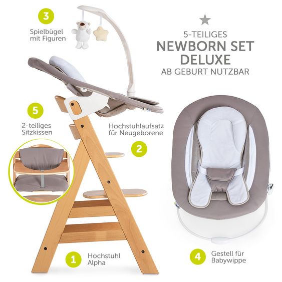 Hauck Alpha Plus Natur Newborn Set Deluxe - Seggiolone 4 pezzi + attacco per neonato (schienale regolabile) + cuscino di seduta