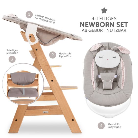 Hauck Alpha Plus Natur Newborn Set Powder Bunny - 4-tlg. Hochstuhl + Neugeborenenaufsatz + Sitzkissen Beige