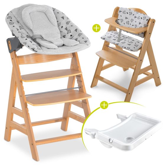 Hauck Alpha Plus Nature XL Newborn Set - High Chair + 2in1 Attachment + Alpha Tray Eating Board + Seat Cover - Nordic Grey