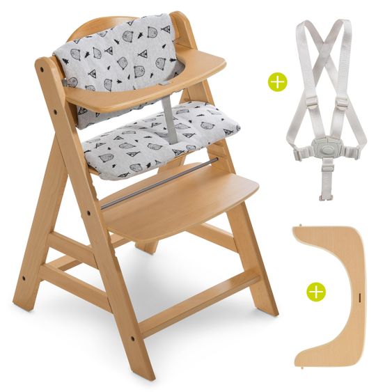 Hauck Alpha Plus Natur XL Newborn Set - Hochstuhl + 2in1 Aufsatz + Alpha Tray Essbrett + Sitzauflage - Nordic Grey