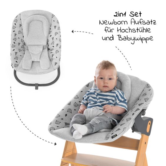 Hauck Alpha Plus Natur XL Newborn Set - Hochstuhl + 2in1 Aufsatz + Alpha Tray Essbrett + Sitzauflage - Nordic Grey