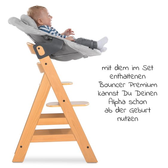 Hauck Alpha Plus Natur XL Newborn Set - Hochstuhl + 2in1 Aufsatz + Alpha Tray Essbrett + Sitzauflage - Nordic Grey