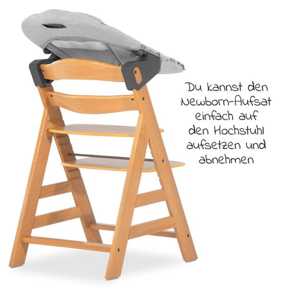 Hauck Alpha Plus Natur XL Newborn Set - Hochstuhl + 2in1 Aufsatz + Alpha Tray Essbrett + Sitzauflage - Nordic Grey