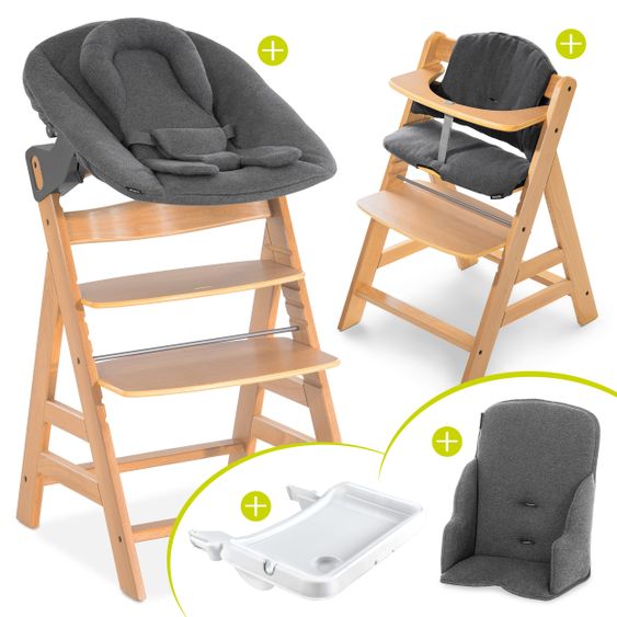 Hauck Alpha Plus Nature XXL Newborn Set - High Chair + 2in1 Attachment + Alpha Tray Eating Board + Accessories - Jersey Charcoal