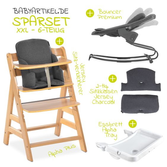 Hauck Alpha Plus Nature XXL Newborn Set - High Chair + 2in1 Attachment + Alpha Tray Eating Board + Accessories - Jersey Charcoal