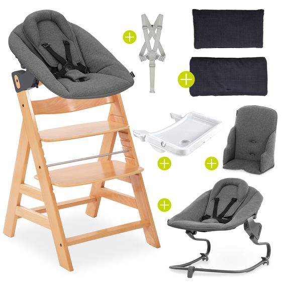 Hauck Set Neonato 5 pz Alpha Plus Seggiolone + Dondolo 2in1 Premium in Dark Grey + Alpha Tray Tavoletta per Pasti + Riduttore Jersey + Cuscino per Seggiolone in Melange Charcoal - Naturale