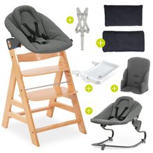 5-tlg. Alpha Plus Newborn Set - Hochstuhl + Bouncer 2in1 Premium in Dark Grey + Alpha Tray Essbrett + Sitzverkleinerer Jersey + Hochstuhlauflage in Melange Charcoal - Natur