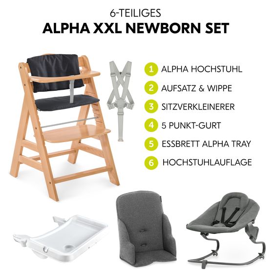 Hauck Set Neonato 5 pz Alpha Plus Seggiolone + Dondolo 2in1 Premium in Dark Grey + Alpha Tray Tavoletta per Pasti + Riduttore Jersey + Cuscino per Seggiolone in Melange Charcoal - Naturale