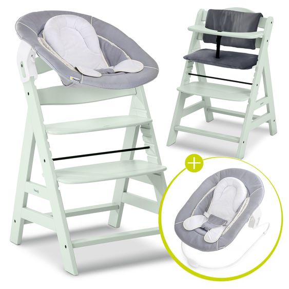 Hauck Alpha Plus Newborn Set - Highchair + Bouncer 2in1 in Stretch Grey + Deluxe Seat Cushion in Grey - Mint