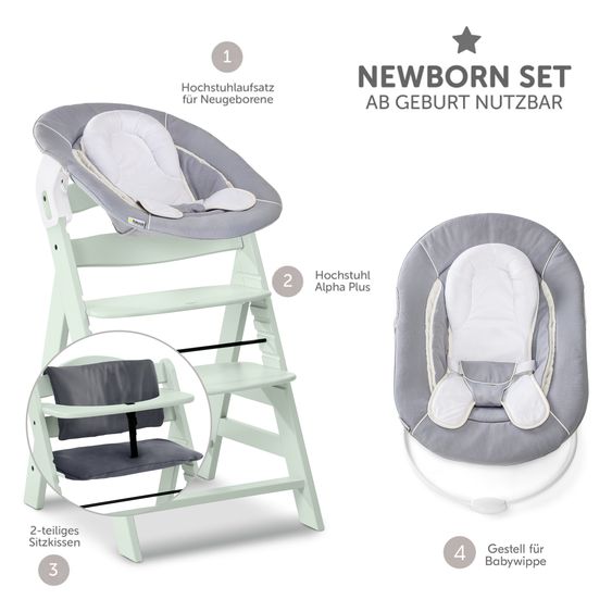 Hauck Alpha Plus Newborn Set - Highchair + Bouncer 2in1 in Stretch Grey + Deluxe Seat Cushion in Grey - Mint