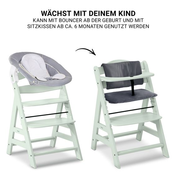 Hauck Alpha Plus Newborn Set - Highchair + Bouncer 2in1 in Stretch Grey + Deluxe Seat Cushion in Grey - Mint