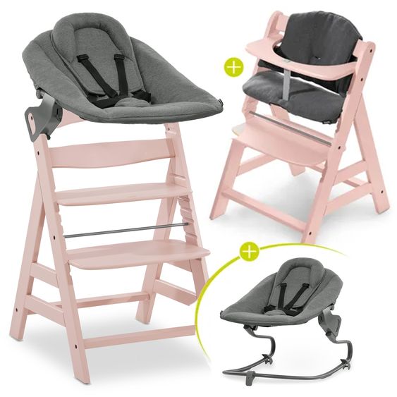 Hauck Alpha Plus Rose 4-tlg. Newborn Set - Hochstuhl + 2in1 Neugeborenen-Aufsatz & Wippe + Hochstuhlauflage - Jersey Charcoal