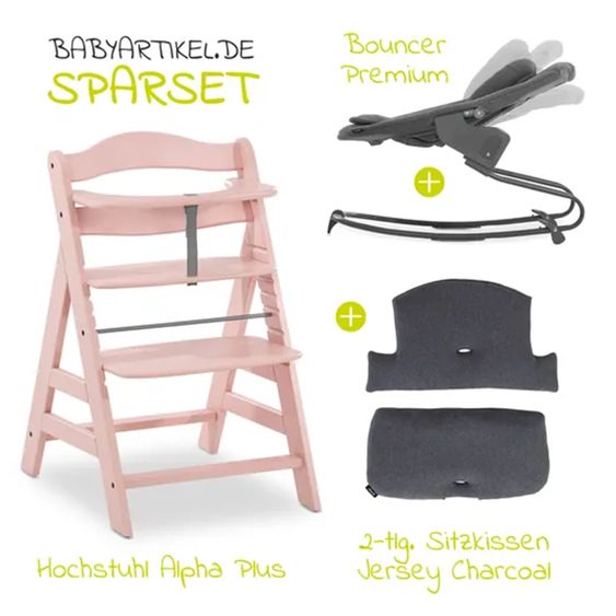 Hauck Alpha Plus Rose 4-tlg. Newborn Set - Hochstuhl + 2in1 Neugeborenen-Aufsatz & Wippe + Hochstuhlauflage - Jersey Charcoal