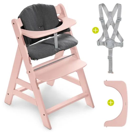 Hauck Alpha Plus Rose 4-tlg. Newborn Set - Hochstuhl + 2in1 Neugeborenen-Aufsatz & Wippe + Hochstuhlauflage - Jersey Charcoal
