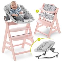 Alpha Plus Rose Newborn Set - 4-tlg. Hochstuhl + Aufsatz & Wippe Premium (verstellbar) Nordic Grey + Sitzpolster