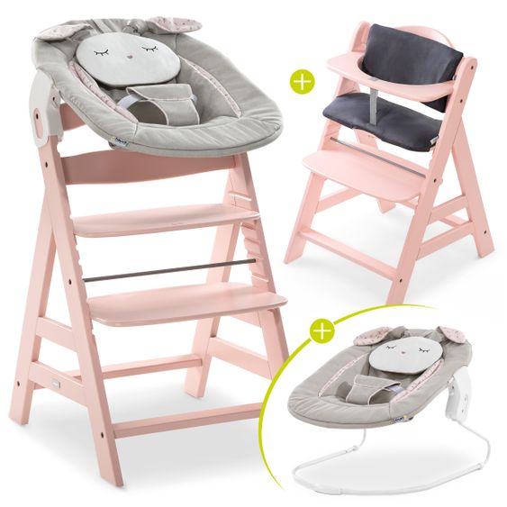 Hauck Alpha Plus Rose Newborn Set Powder Bunny - 4-piece high chair + newborn attachment + seat cushion Grey