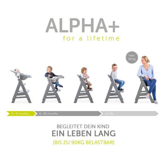 Hauck Alpha Plus Rose Newborn Set Powder Bunny - 4-piece high chair + newborn attachment + seat cushion Grey