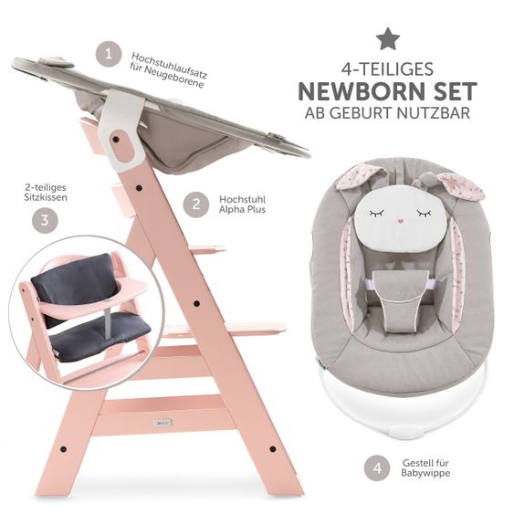 Hauck Alpha Plus Rose Newborn Set Powder Bunny - 4-piece high chair + newborn attachment + seat cushion Grey