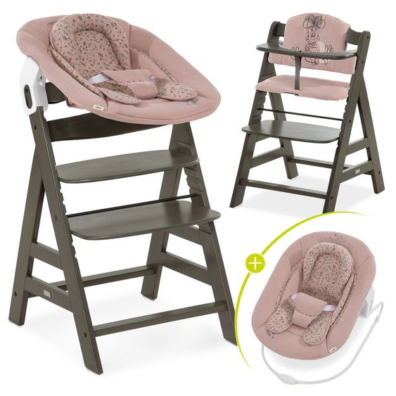 Hauck Alpha Plus Select Charcoal 4-tlg. Newborn Set Disney - Hochstuhl + 2in1 Babyaufsatz & Wippe Bambi + Sitzkissen Minnie Mouse - Rose