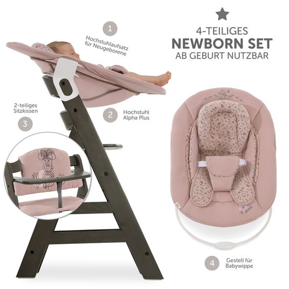 Hauck Alpha Plus Select Charcoal 4-tlg. Newborn Set Disney - Hochstuhl + 2in1 Babyaufsatz & Wippe Bambi + Sitzkissen Minnie Mouse - Rose