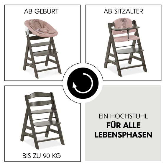 Hauck Alpha Plus Select Charcoal 4-tlg. Newborn Set Disney - Hochstuhl + 2in1 Babyaufsatz & Wippe Bambi + Sitzkissen Minnie Mouse - Rose