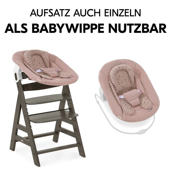 Hauck Alpha Plus Select Charcoal 4-tlg. Newborn Set Disney - Hochstuhl + 2in1 Babyaufsatz & Wippe Bambi + Sitzkissen Minnie Mouse - Rose