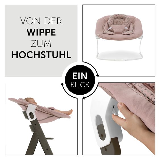 Hauck Alpha Plus Select Charcoal 4-tlg. Newborn Set Disney - Hochstuhl + 2in1 Babyaufsatz & Wippe Bambi + Sitzkissen Minnie Mouse - Rose