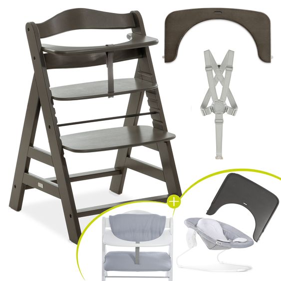 Hauck Alpha Plus Select Charcoal 4-tlg. Newborn Set - Hochstuhl + 2in1 Babyaufsatz & Wippe + Essbrett + Sitzkissen Stretch Grey