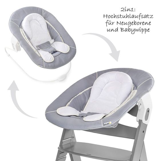 Hauck Alpha Plus Select Charcoal 4-tlg. Newborn Set - Hochstuhl + 2in1 Babyaufsatz & Wippe + Essbrett + Sitzkissen Stretch Grey