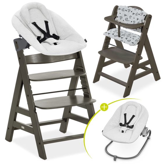 Hauck Alpha Plus Select Charcoal 4-tlg. Newbornset Light Grey - Hochstuhl + Neugeborenenaufsatz & Wippe + Sitzkissen Nordic Grey