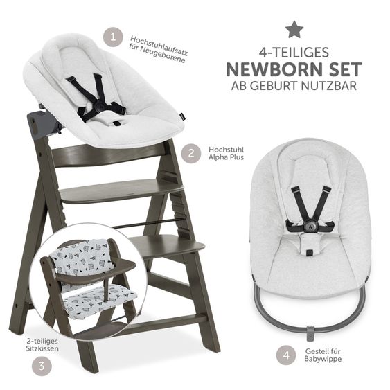 Hauck Alpha Plus Select Charcoal 4-tlg. Newbornset Light Grey - Hochstuhl + Neugeborenenaufsatz & Wippe + Sitzkissen Nordic Grey