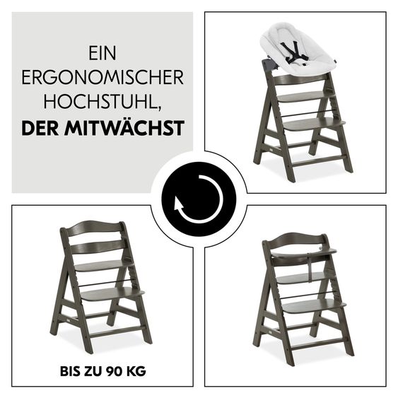 Hauck Alpha Plus Select Charcoal 4-tlg. Newbornset Light Grey - Hochstuhl + Neugeborenenaufsatz & Wippe + Sitzkissen Nordic Grey