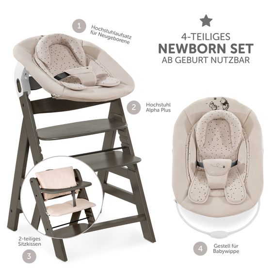 Hauck Alpha Plus Select Charcoal 4-tlg. Newborn Set Disney Pooh - Hochstuhl + Neugeborenenaufsatz + Sitzkissen Beige