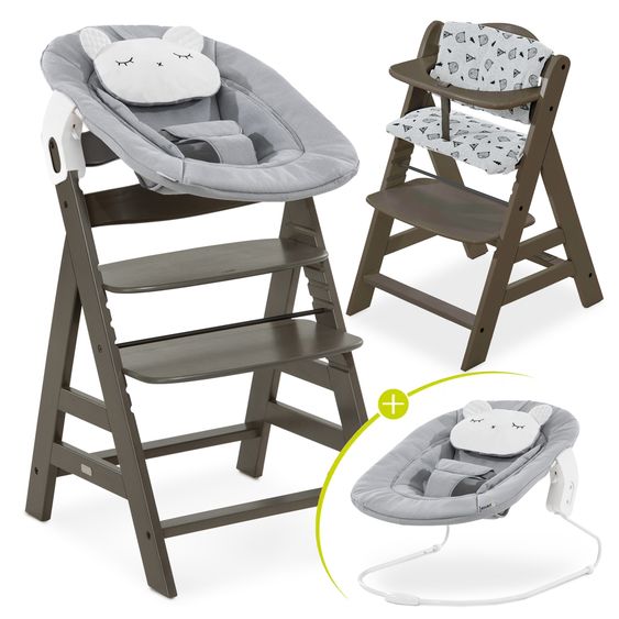 Hauck Alpha Plus Select Charcoal 4-tlg. Newborn Set Pastell Bear - Hochstuhl + Neugeborenenaufsatz + Sitzkissen Nordic Grey