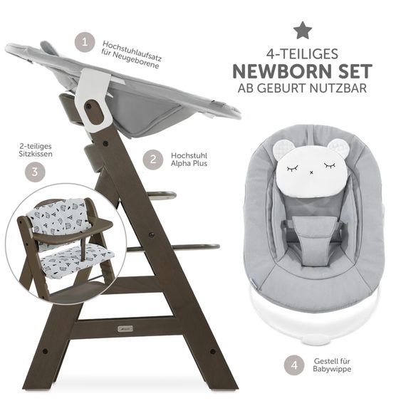 Hauck Alpha Plus Select Charcoal 4-tlg. Newborn Set Pastell Bear - Hochstuhl + Neugeborenenaufsatz + Sitzkissen Nordic Grey