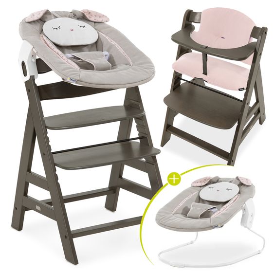 Hauck Alpha Plus Select Charcoal 4-tlg. Newborn Set Powder Bunny - Hochstuhl + Neugeborenenaufsatz + Sitzkissen Muslin Mineral Rose