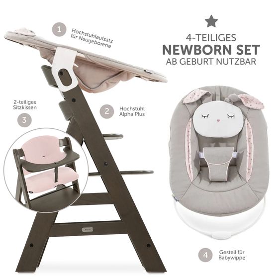 Hauck Alpha Plus Select Charcoal 4-tlg. Newborn Set Powder Bunny - Hochstuhl + Neugeborenenaufsatz + Sitzkissen Muslin Mineral Rose