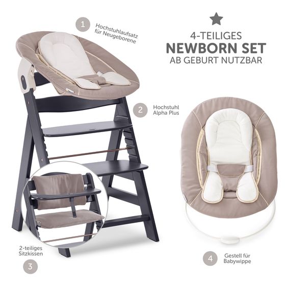 Hauck Alpha Plus Select Dark Grey 4-tlg. Newborn Set Deluxe - Hochstuhl + 2in1 Babyaufsatz & Wippe + Sitzkissen - Stretch Beige