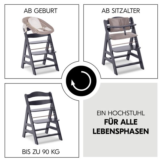 Hauck Alpha Plus Select Dark Grey 4-tlg. Newborn Set Deluxe - Hochstuhl + 2in1 Babyaufsatz & Wippe + Sitzkissen - Stretch Beige