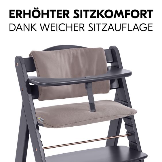 Hauck Alpha Plus Select Dark Grey 4-tlg. Newborn Set Deluxe - Hochstuhl + 2in1 Babyaufsatz & Wippe + Sitzkissen - Stretch Beige