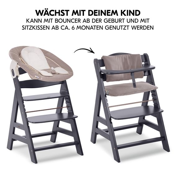 Hauck Alpha Plus Select Dark Grey 4-tlg. Newborn Set Deluxe - Hochstuhl + 2in1 Babyaufsatz & Wippe + Sitzkissen - Stretch Beige