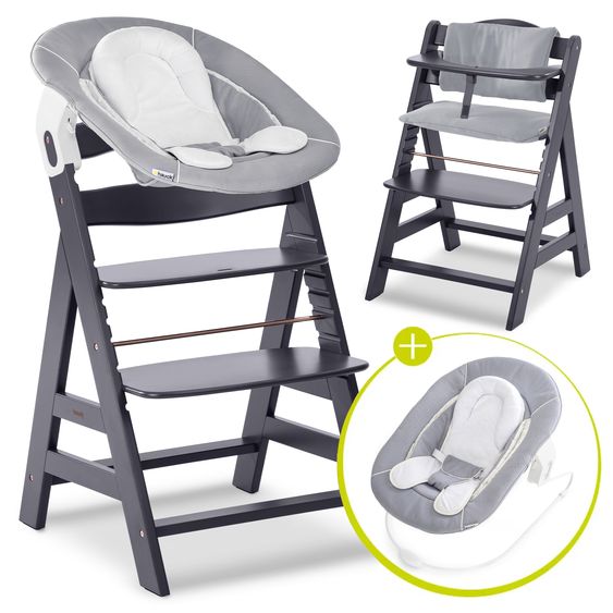 Hauck Alpha Plus Select Grigio Scuro Set 4 pezzi per neonati - Seggiolone + Attaccabimbi e dondolo 2in1 + Cuscino di seduta - Grigio Stretch