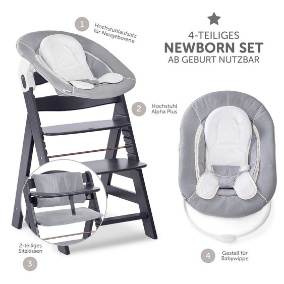 Hauck Alpha Plus Select Grigio Scuro Set 4 pezzi per neonati - Seggiolone + Attaccabimbi e dondolo 2in1 + Cuscino di seduta - Grigio Stretch