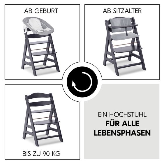 Hauck Alpha Plus Select Grigio Scuro Set 4 pezzi per neonati - Seggiolone + Attaccabimbi e dondolo 2in1 + Cuscino di seduta - Grigio Stretch