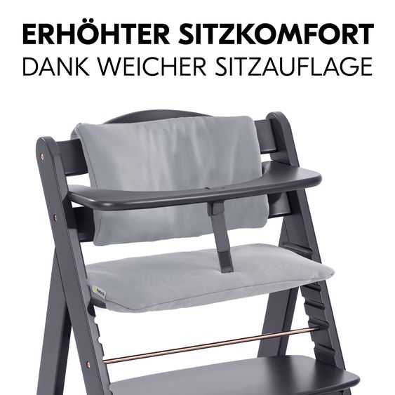 Hauck Alpha Plus Select Grigio Scuro Set 4 pezzi per neonati - Seggiolone + Attaccabimbi e dondolo 2in1 + Cuscino di seduta - Grigio Stretch