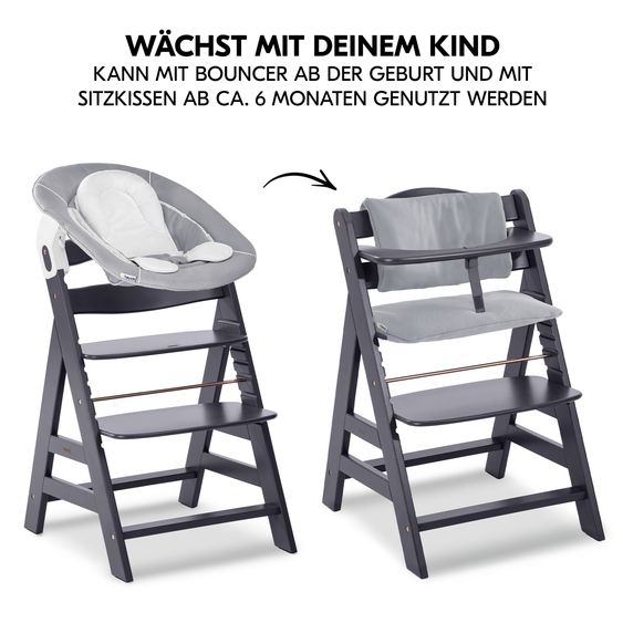 Hauck Alpha Plus Select Grigio Scuro Set 4 pezzi per neonati - Seggiolone + Attaccabimbi e dondolo 2in1 + Cuscino di seduta - Grigio Stretch