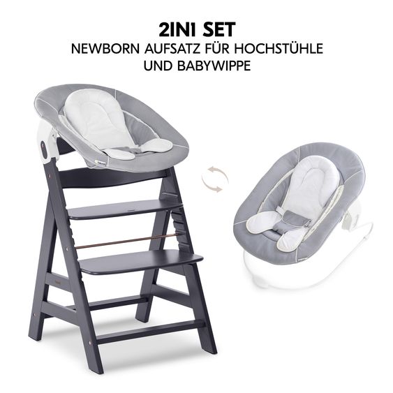 Hauck Alpha Plus Select Grigio Scuro Set 4 pezzi per neonati - Seggiolone + Attaccabimbi e dondolo 2in1 + Cuscino di seduta - Grigio Stretch
