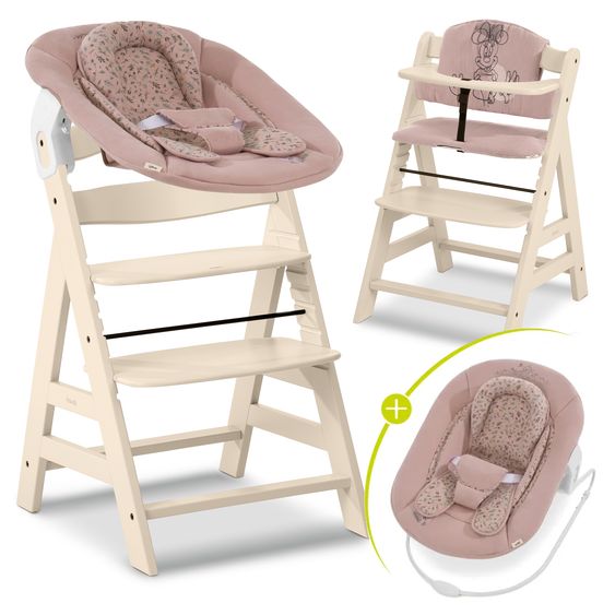 Hauck Alpha Plus Vanilla 4-tlg. Newborn Set Disney - Hochstuhl + 2in1 Babyaufsatz & Wippe Bambi + Sitzkissen Minnie Mouse - Rose