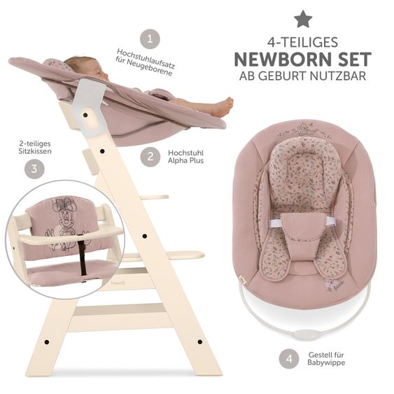 Hauck Alpha Plus Vanilla 4-tlg. Newborn Set Disney - Hochstuhl + 2in1 Babyaufsatz & Wippe Bambi + Sitzkissen Minnie Mouse - Rose