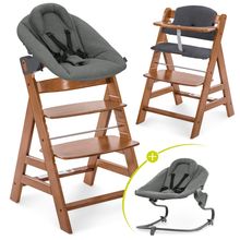 Alpha Plus Walnut 4-tlg. Newborn Set Dark Grey - Hochstuhl + Neugeboreneneinsatz & Wippe Premium + Sitzkissen